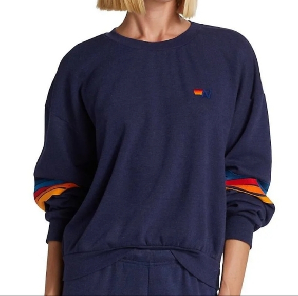 Aviator Nation Rainbow Stitch Sleeve Crew Sweatshirt Navy XS